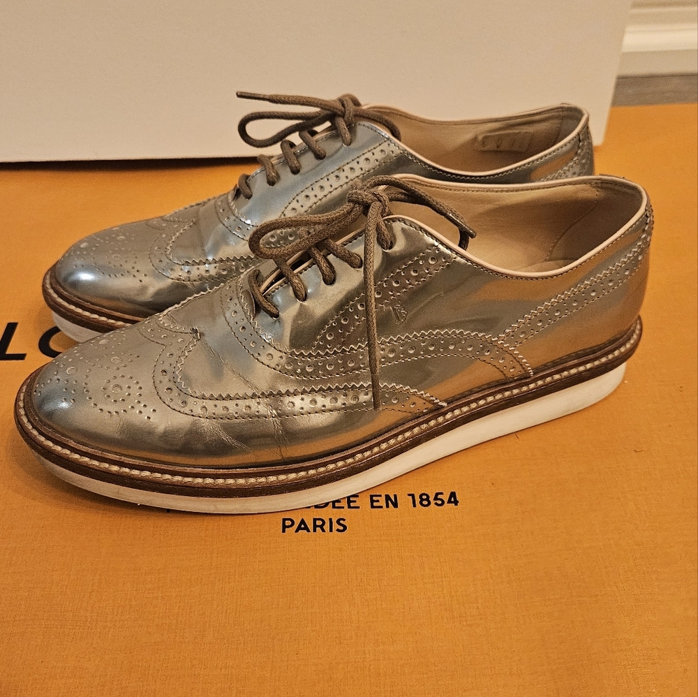 Tod's Womens Brogue Platform Wingtip Oxford Silver Leather Shoes 36-1/2